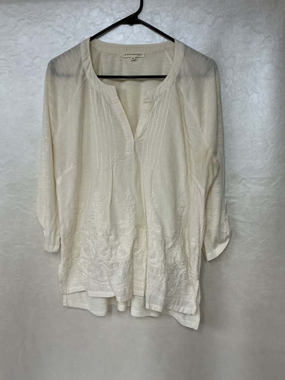 Retrology Cream Embroidered Boho Tunic Blouse with Roll-Tab Sleeves